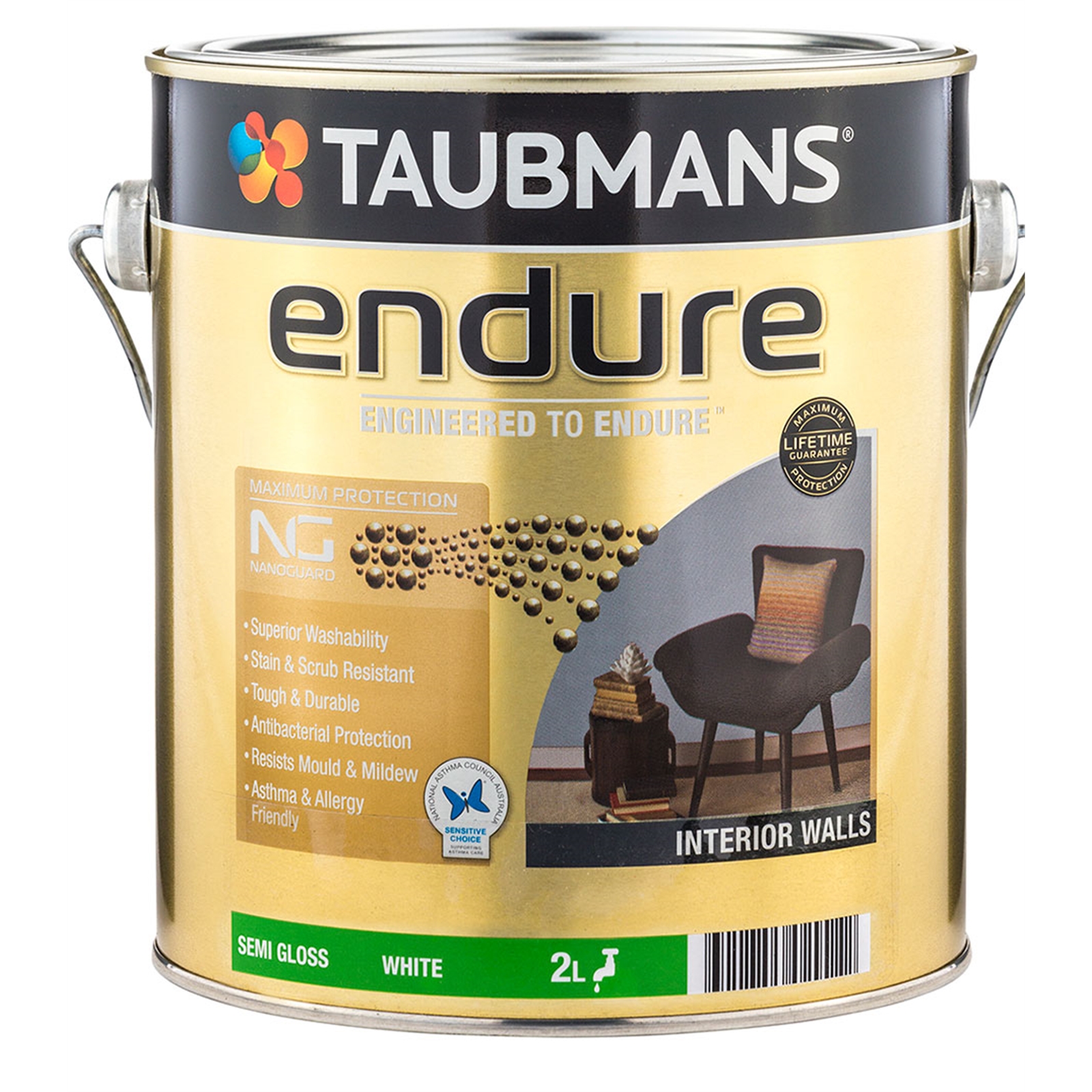 Taubmans Endure 2L White Semi Gloss Interior Walls
