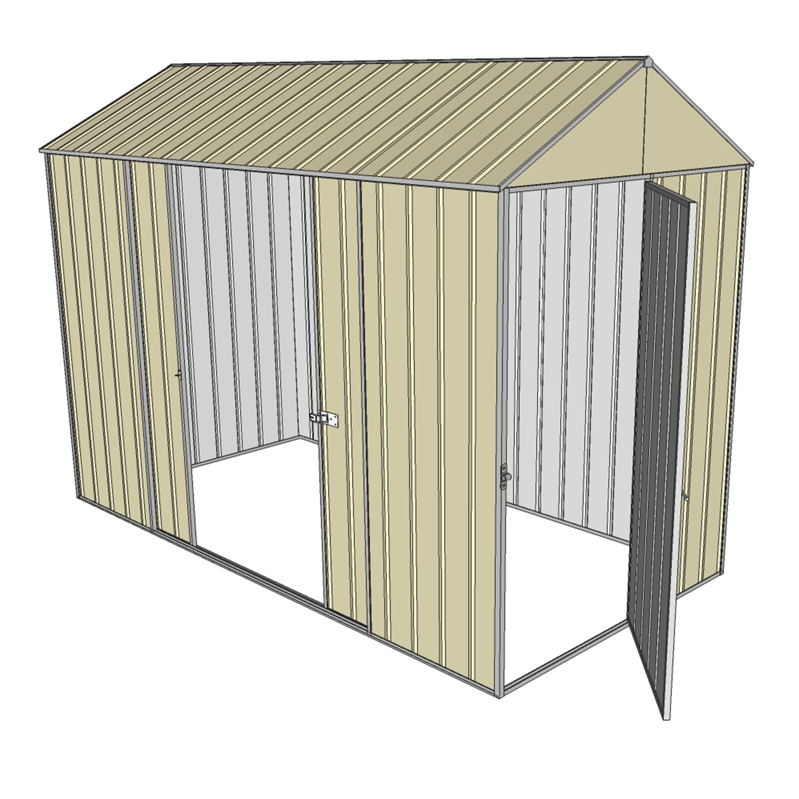 Build-a-Shed 1.5 x 3.0m Cream Front Gable Single Hinged And Double Sliding Doors Narrow Shed