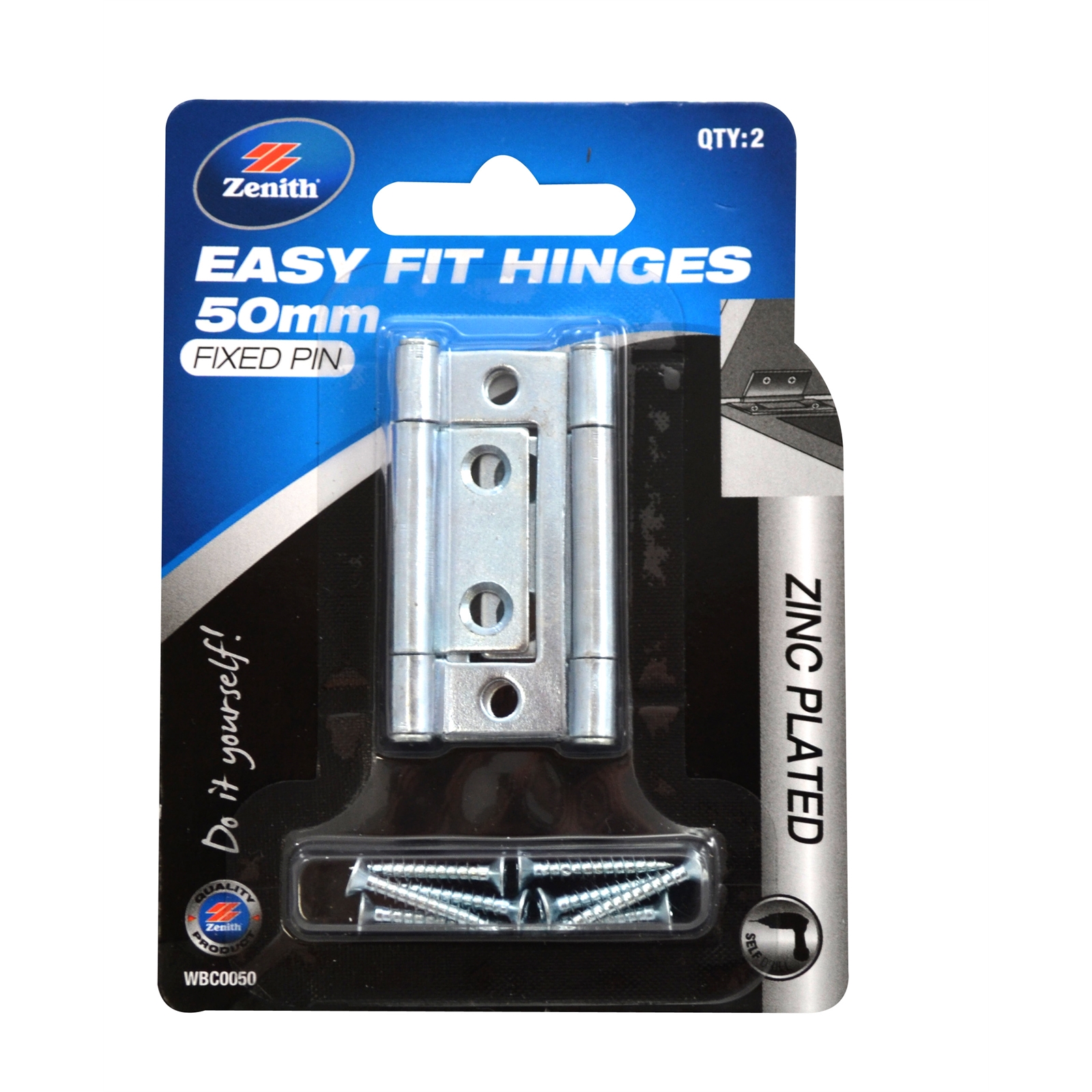 Zenith 50mm Zinc Plated Fixed Pin Easy Fit Hinge 2 Pack