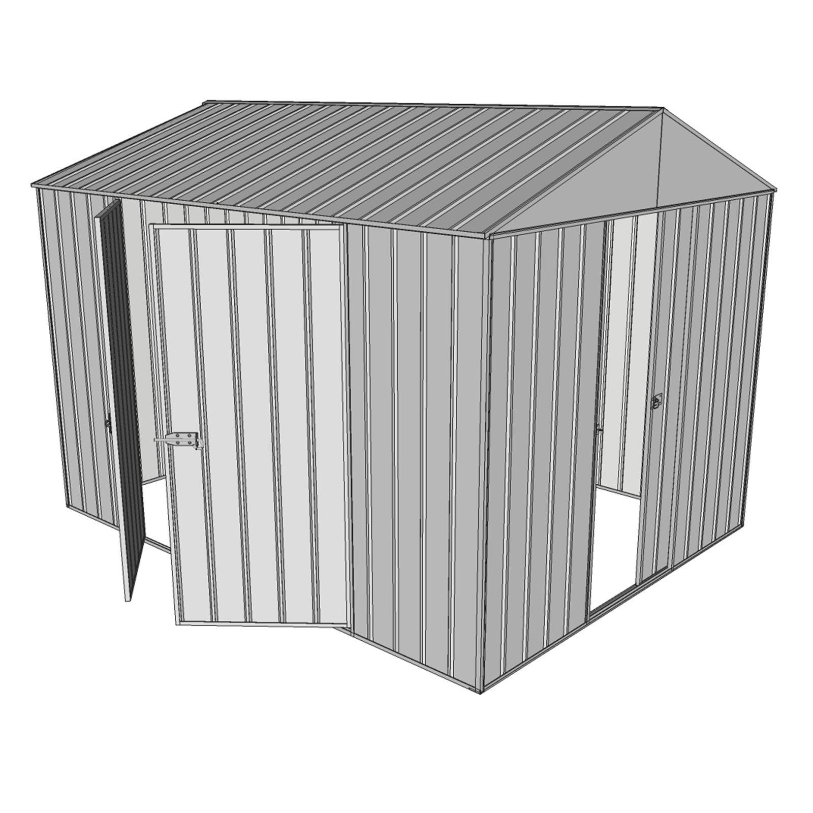 Build-a-Shed 2.3 x 3.0m Zinc Front Gable Single Sliding Door And Double Hinged Doors Shed