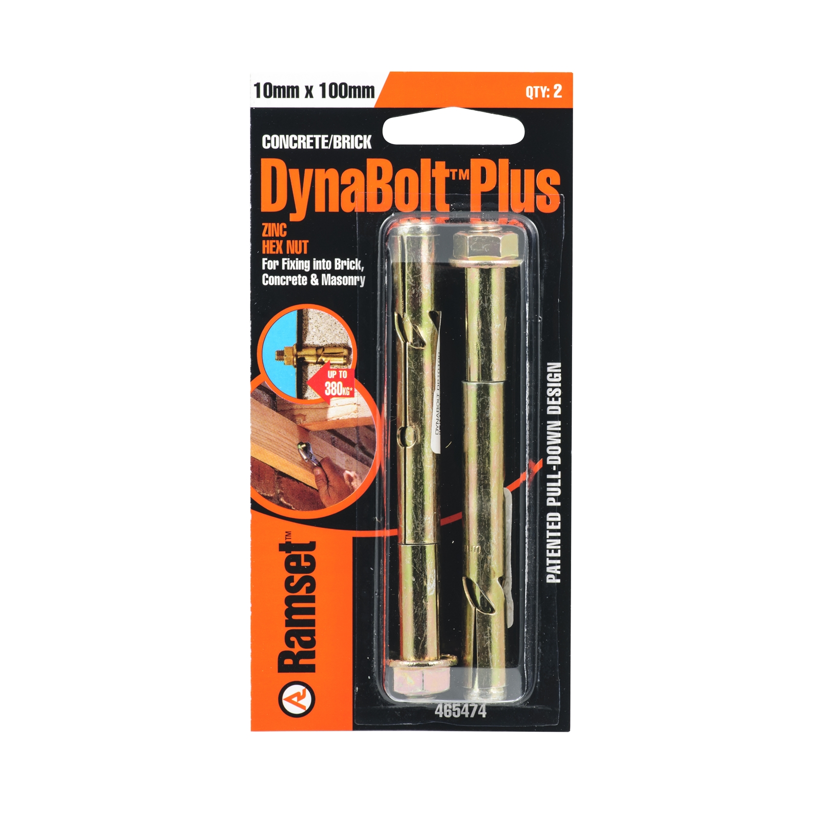 Ramset 10 x 100mm Dynabolt Plus Hex Nut Bolts - 2 Pack