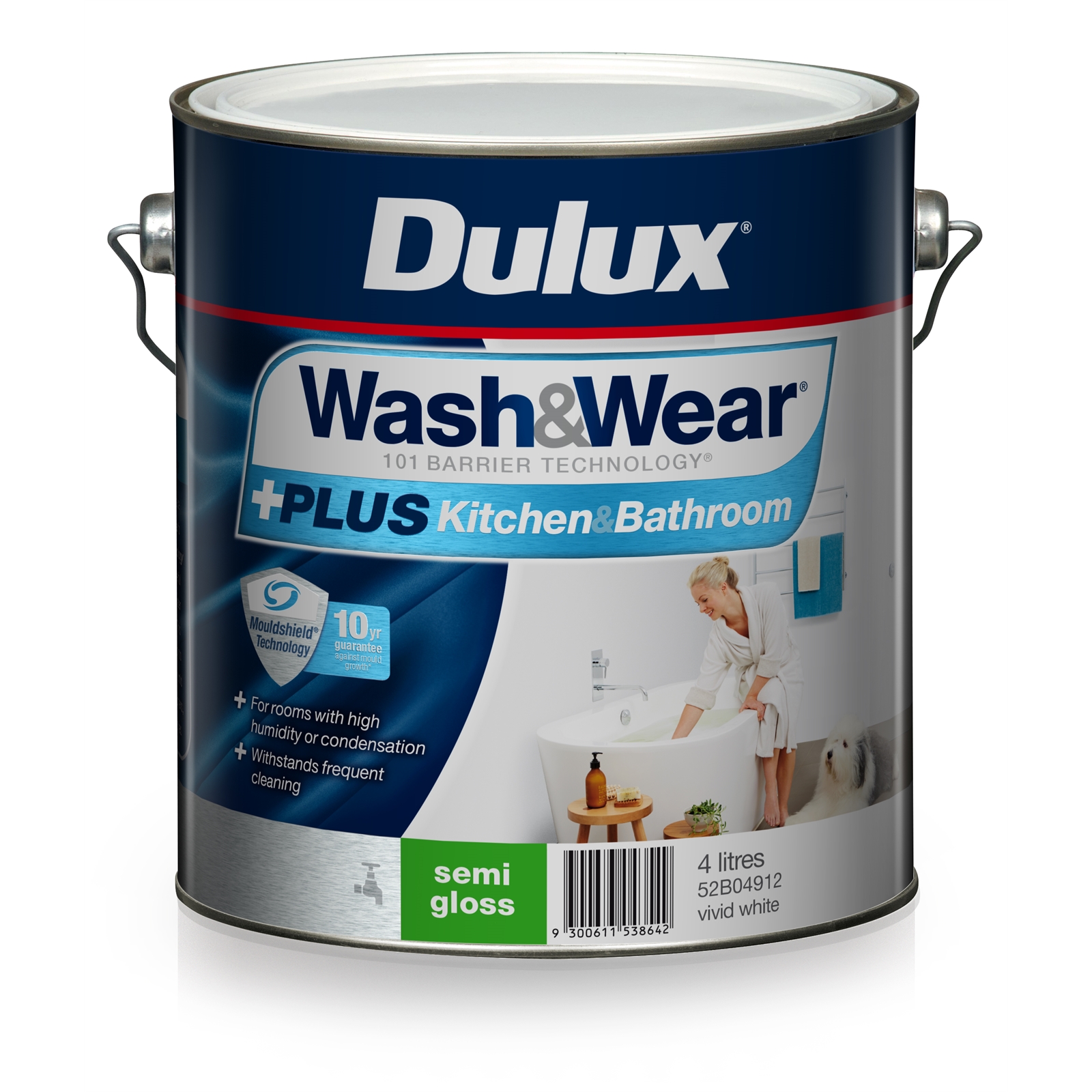 Dulux Wash&Wear 4L +Plus Kitchen & Bathroom Vivid White Semi Gloss Paint