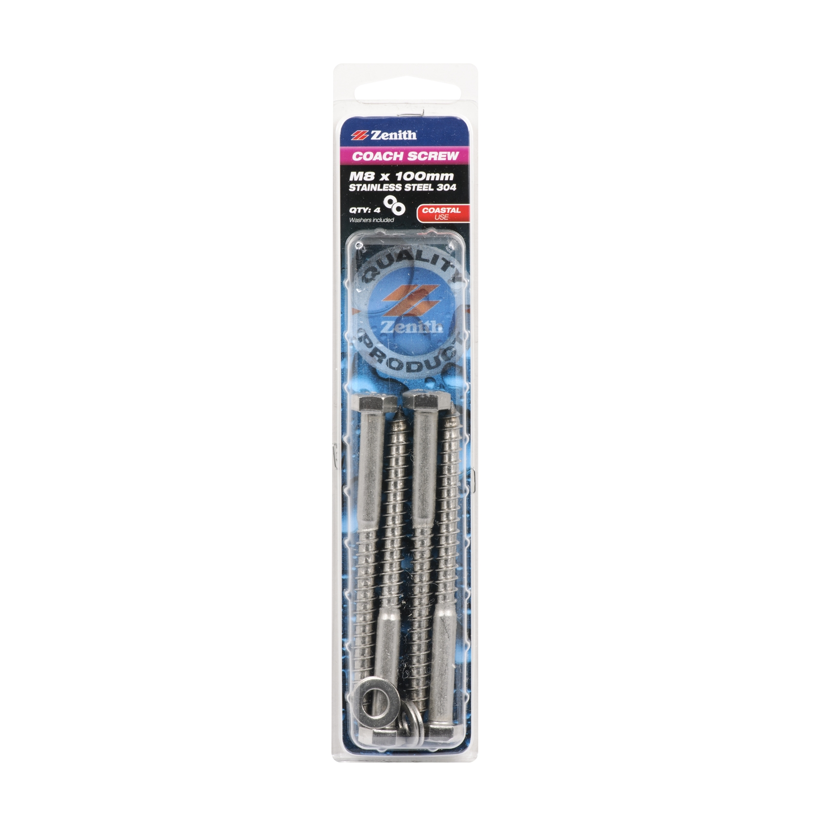 Zenith M8 x 100mm Stainless Steel Coach Screw - 4 Pack