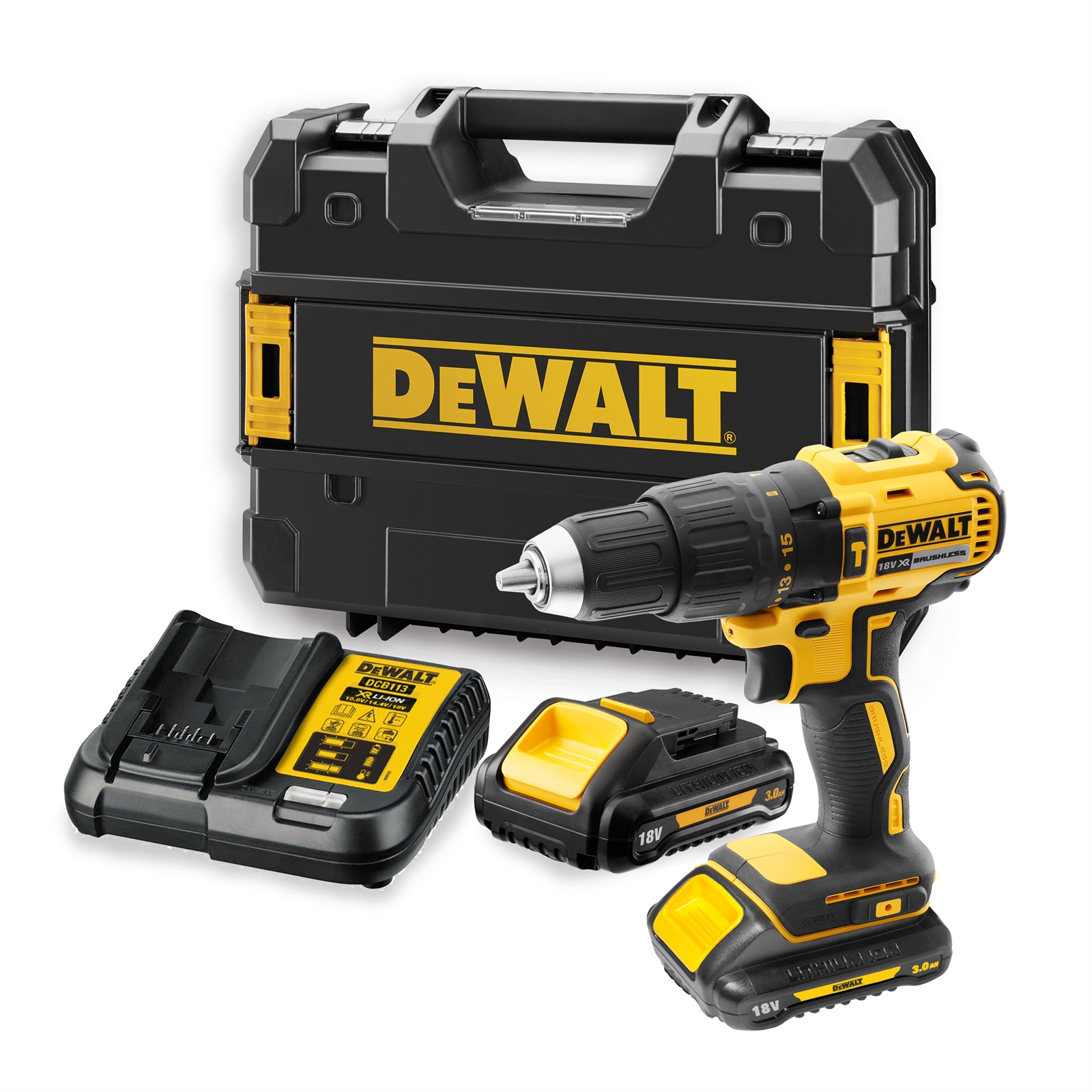 DeWALT 18V XR Brushless Compact 2 Speed Hammer Drill Kit With 2 x 3.0Ah