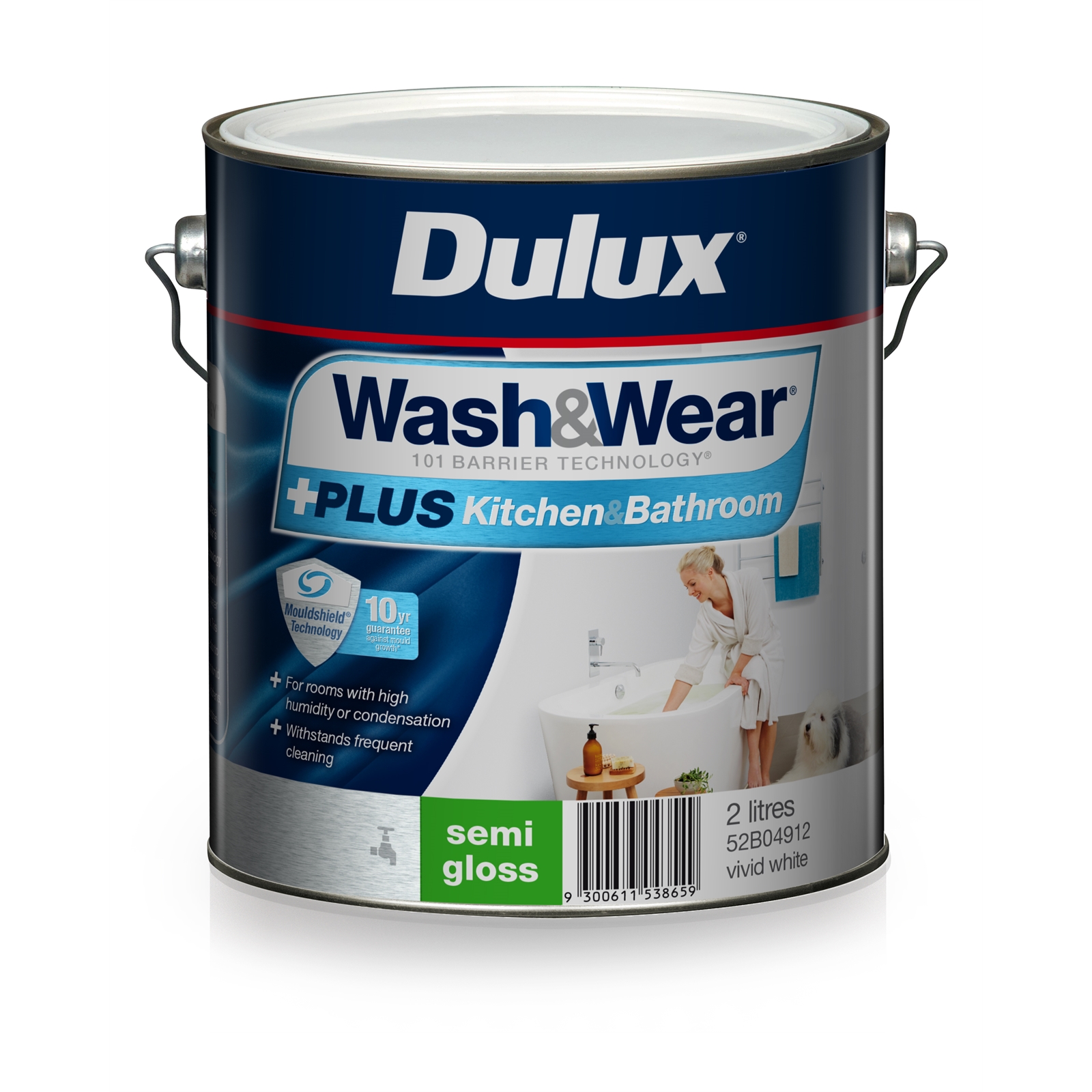 Dulux Wash&Wear 2L +Plus Kitchen & Bathroom Vivid White Semi Gloss Paint