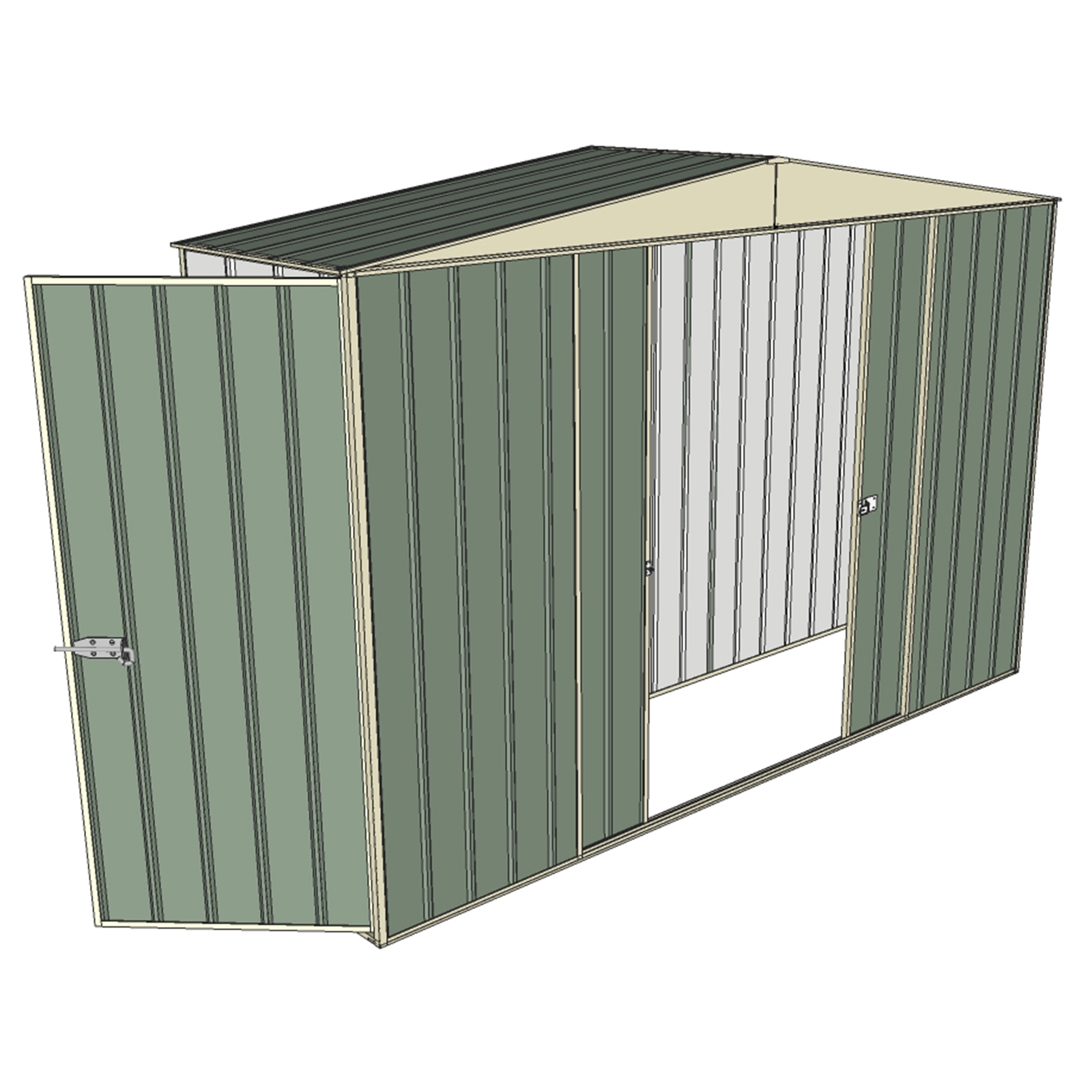 Build-a-Shed 3.0 x 2.3 x 0.8m Green Double Sliding and Single Hinge Door Narrow Shed