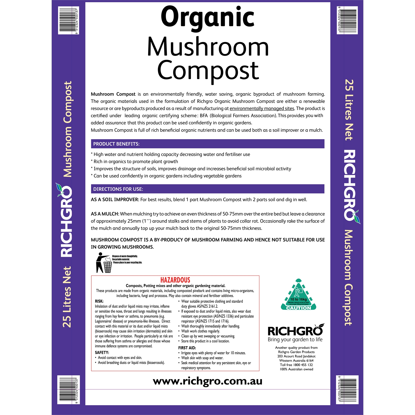 Richgro 25L Organic Mushroom Compost Bunnings Warehouse