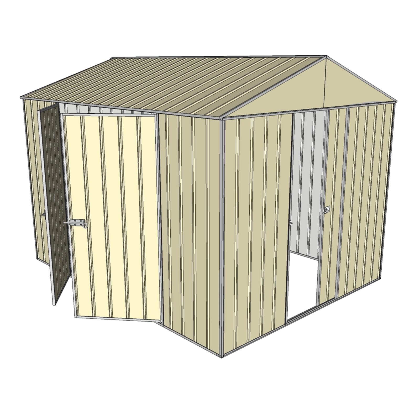 Build-a-Shed 2.3 x 3.0m Cream Front Gable Single Sliding Door And Double Hinged Doors Shed