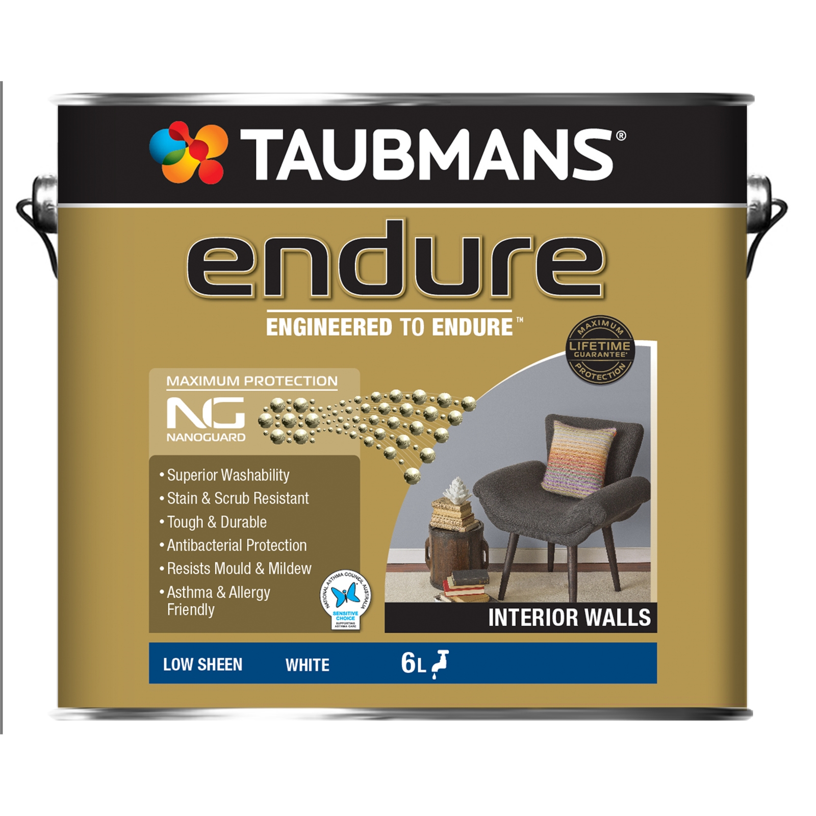 Taubmans Endure 6L White Interior Low Sheen Paint
