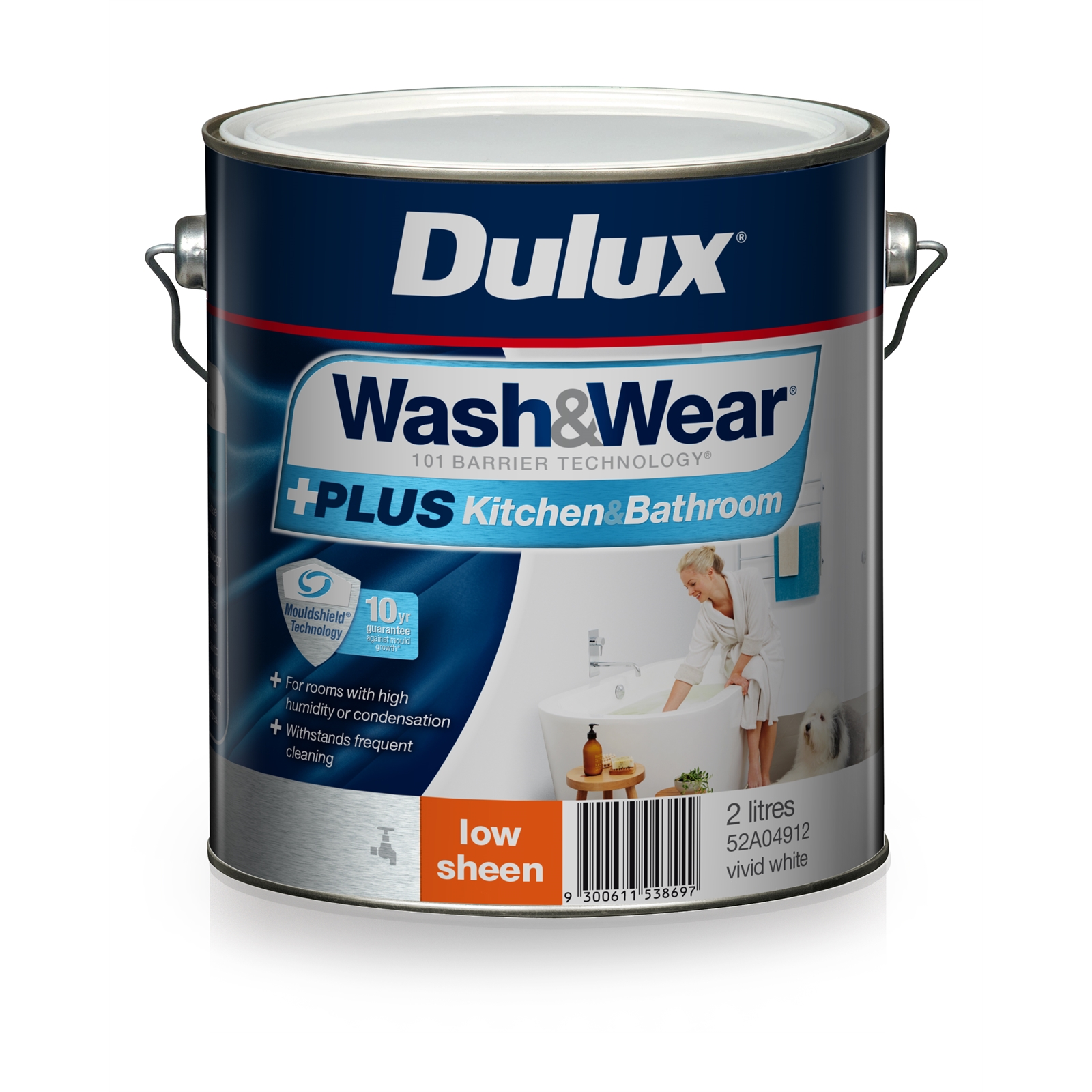 Dulux Wash&Wear 2L +Plus Kitchen & Bathroom Vivid White Low Sheen Paint