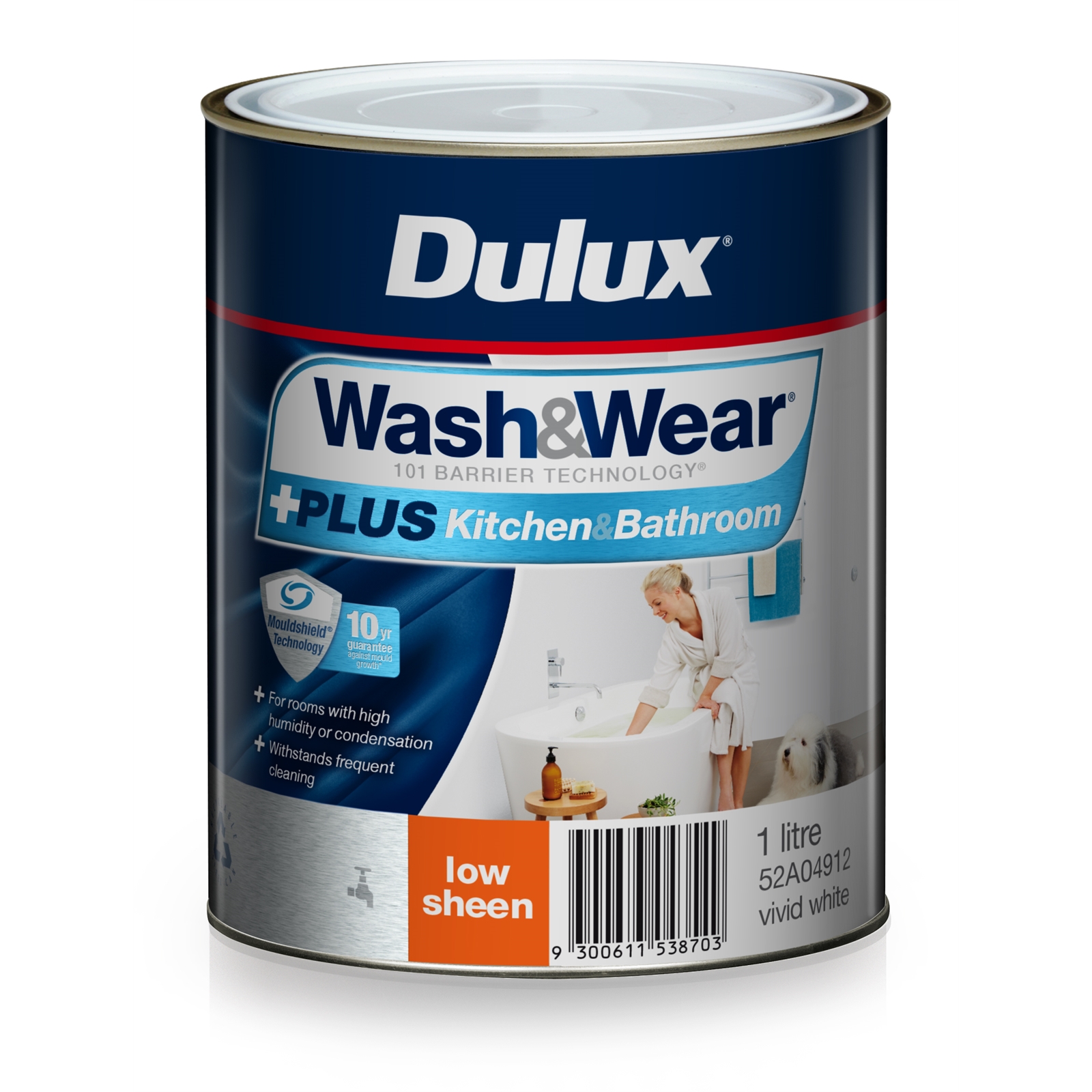 Dulux Wash&Wear 1L +Plus Kitchen & Bathroom Vivid White Low Sheen Paint