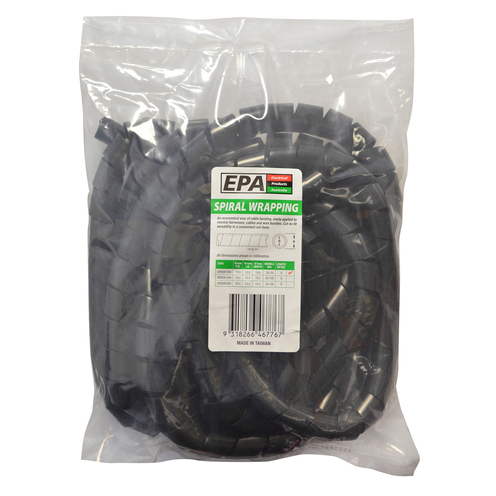 EPA 12mm x 5m Black Spiral Wrap