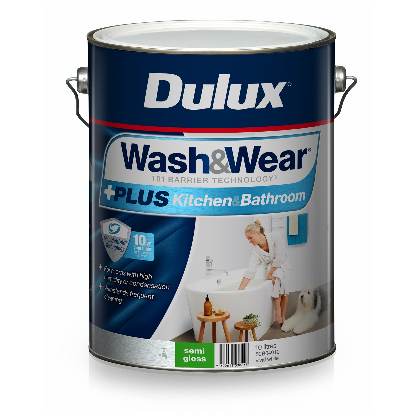 Dulux Wash&Wear 10L +Plus Kitchen & Bathroom Vivid White Semi Gloss Paint