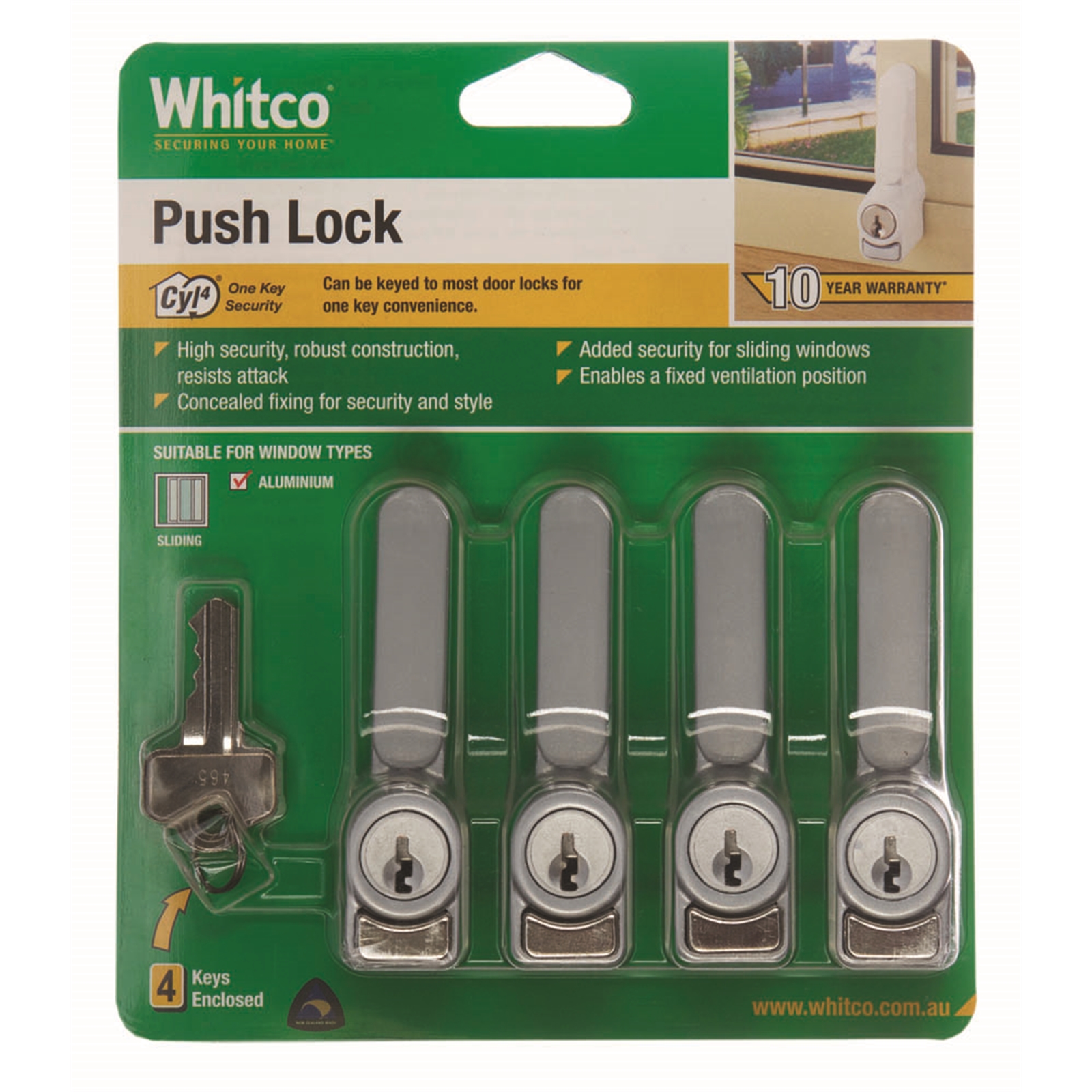 Whitco Silver CYL4 Sliding Window Lock - 4 Pack