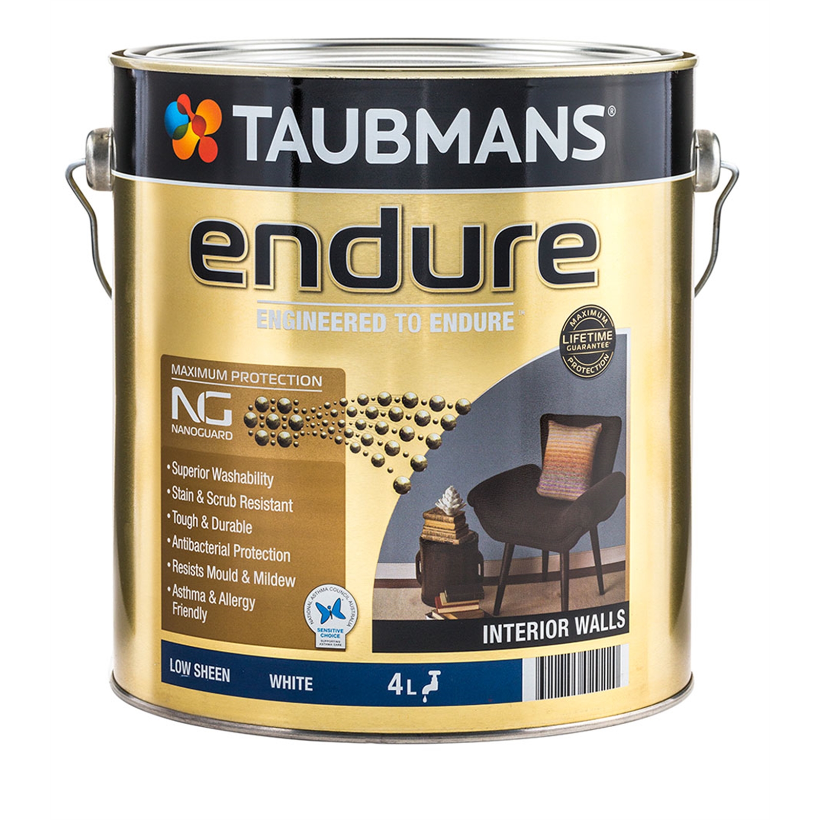 Taubmans Endure 4L White Low Sheen Interior Walls Paint