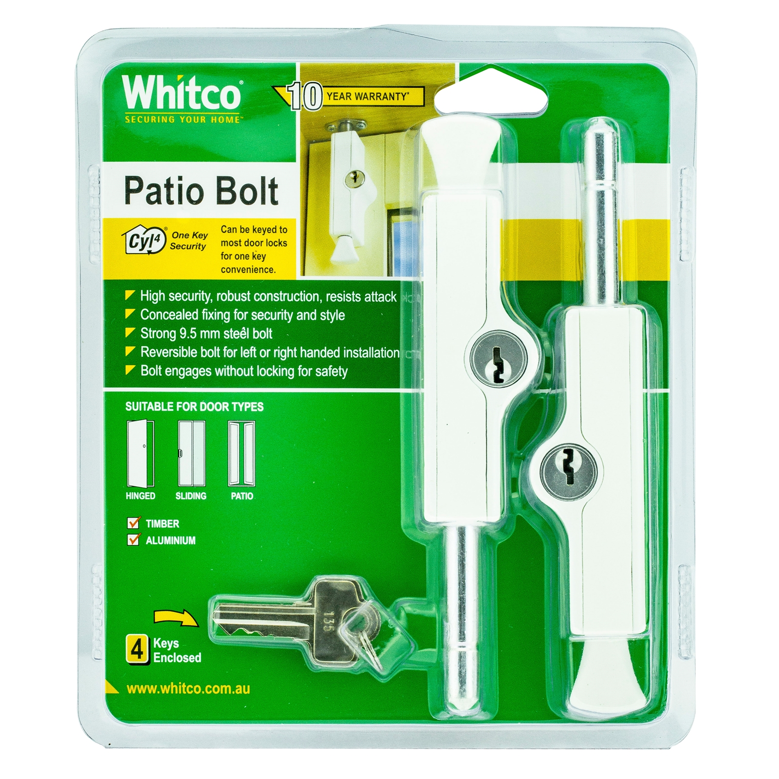 Whitco White Patio Bolt - 2 Pack
