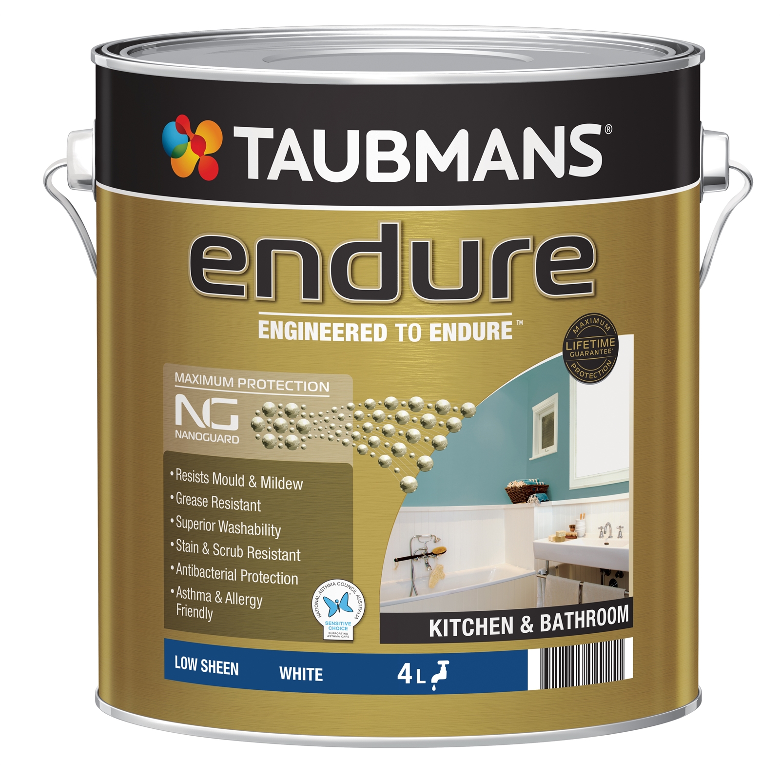 Taubmans Endure 4L White Low Sheen Kitchen & Bathroom Paint