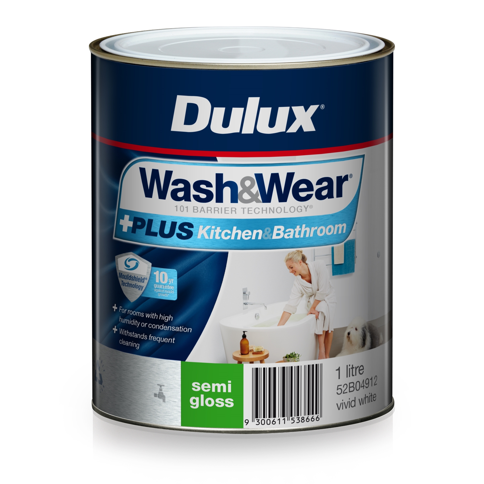 Dulux Wash&Wear 1L +Plus Kitchen & Bathroom Vivid White Semi Gloss Paint