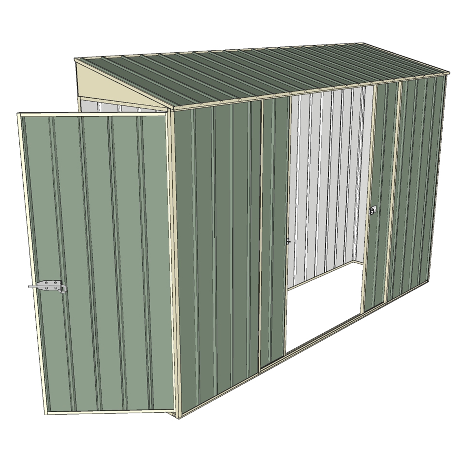 Build-a-Shed 3.0 x 0.8m Green Double Sliding & Single Hinge Door Narrow Skillion Shed