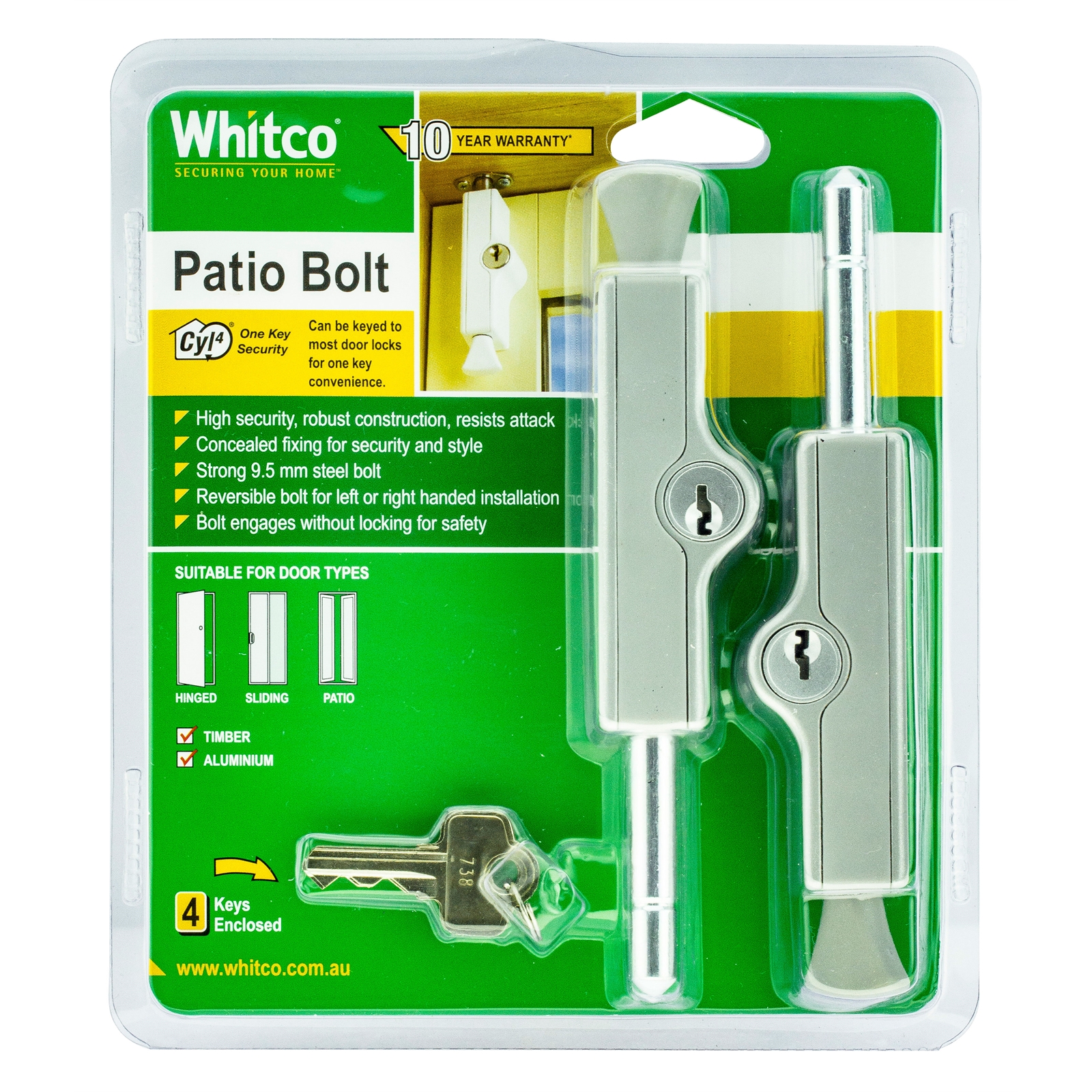 Whitco Silver CYL4 Patio Bolt - 2 Pack