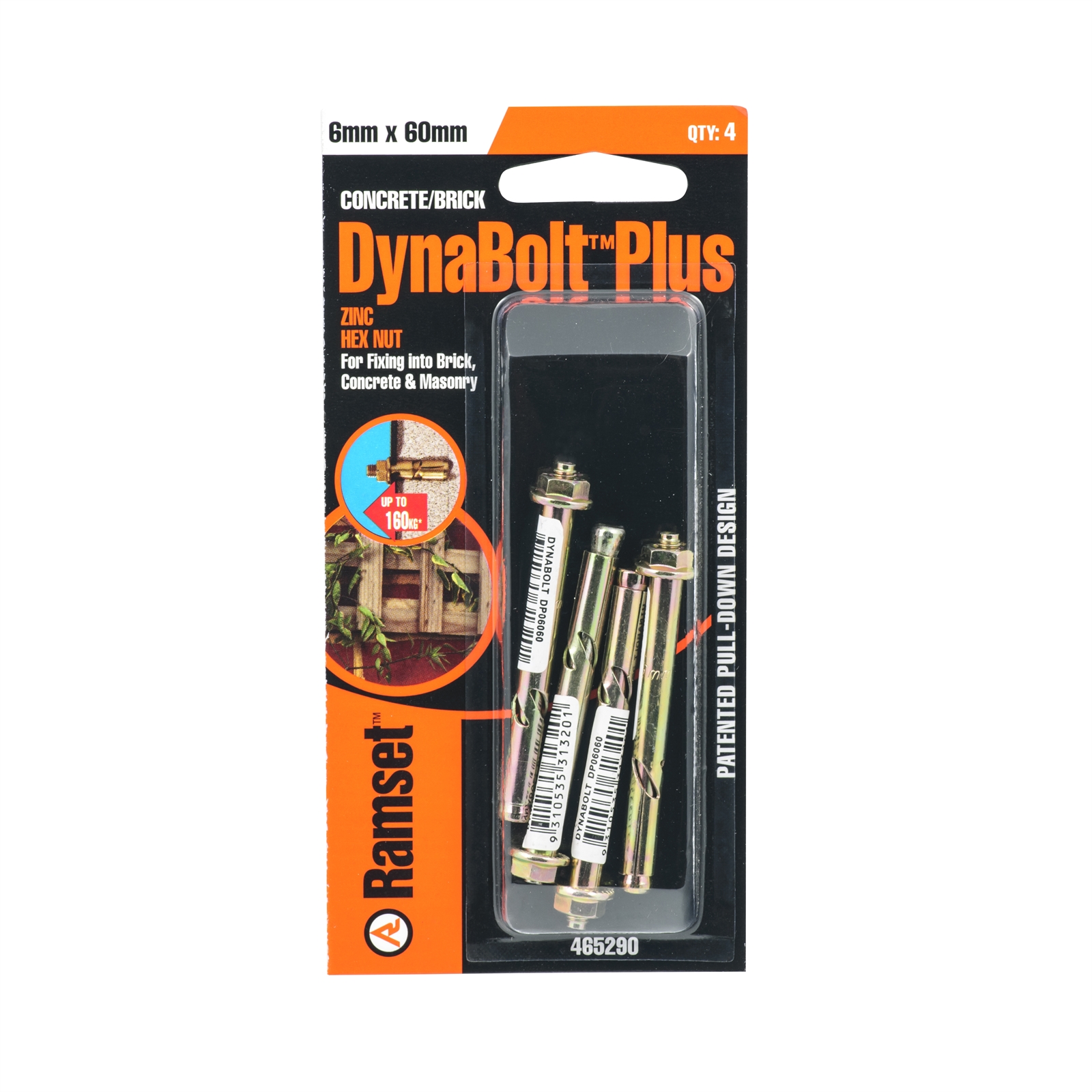 Ramset 6 x 60mm DynaBolt Plus Hex Nut Bolt - 4 Pack