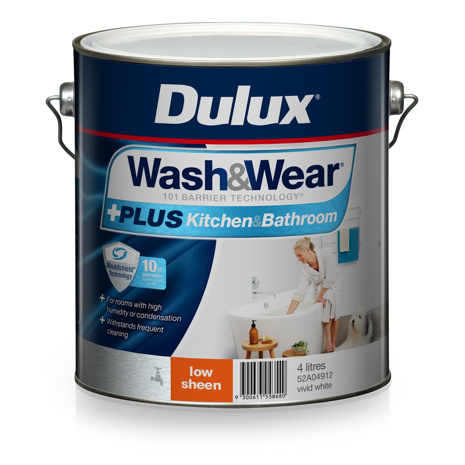 Dulux Wash&Wear 4L +Plus Kitchen & Bathroom Vivid White Low Sheen Paint