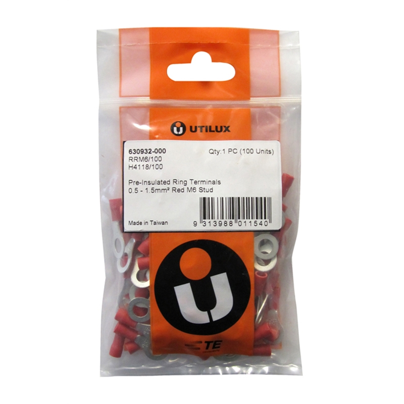 Utilux M6 PreInsulated Ring Terminal 100 Pack I/N 4330951 Bunnings