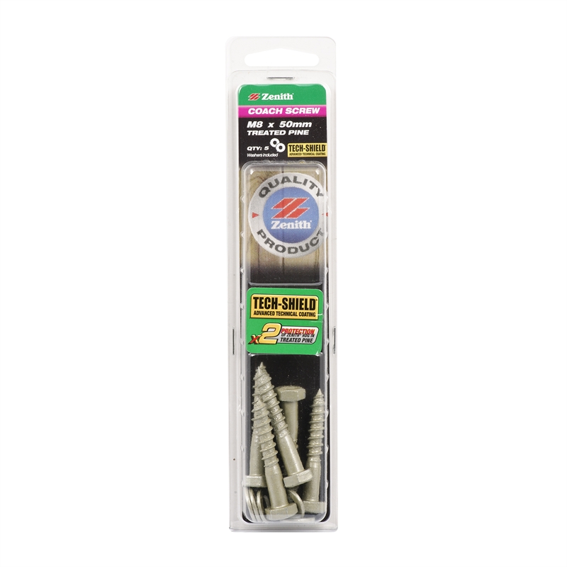 Zenith M8 x 50mm TechShield Coach Screw 5 Pack Bunnings Warehouse