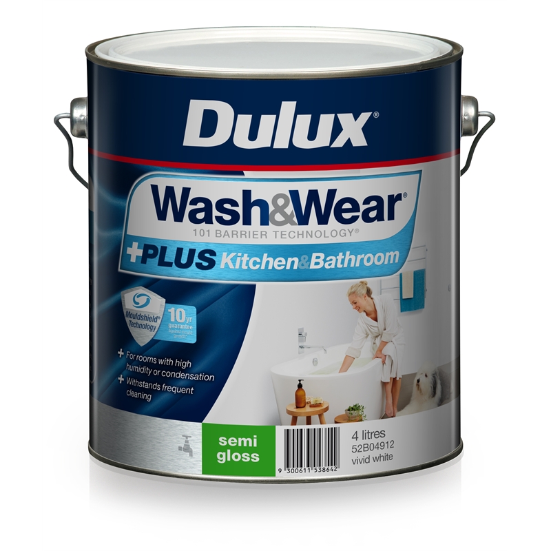 Dulux Wash&Wear 4L +Plus Kitchen & Bathroom Vivid White Semi Gloss Paint