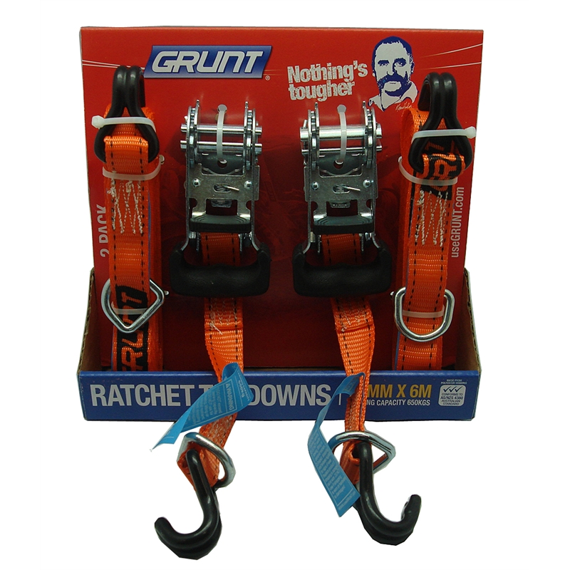 Grunt 25mm x 6m Ratchet Tie Down Straps 2 Pack I/N 4310410 Bunnings