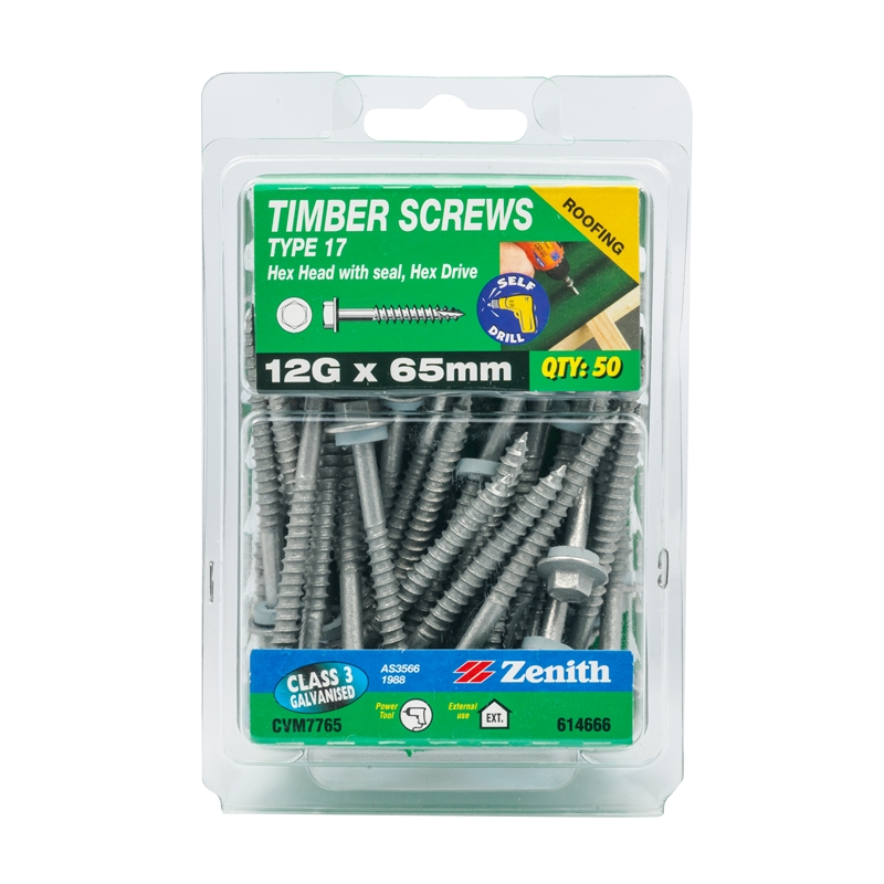 Zenith 12g X 65mm Galvanised Hex Head With Seal Type 17 Timber Screws 50 Pack 6604