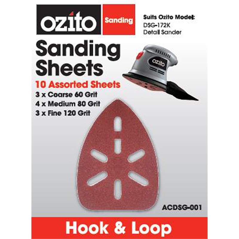 Ozito Detail Sander Assorted Grits Sanding Sheets 10 Pack
