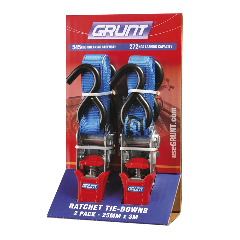 Grunt 25mm x 3m Ratchet Tie Down Straps 2 Pack I/N 4310160 Bunnings