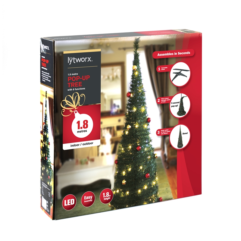 set up your pre lit and decorated 180cm tree in minutes complete with 100 warm white and multi function leds plus pre assembled baubles - Pop Up Pre Lit And Decorated Led Christmas Tree set up your pre lit and decorated 180cm tree in minutes complete with 100 warm white and multi function leds plus pre assembled baubles - Pop Up Pre Lit And Decorated Led Christmas Tree