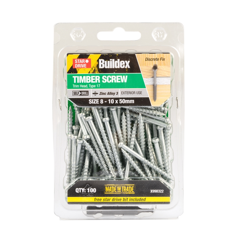 Buildex® 8 10 x 50mm Zinc Alloy 3 Trim Head Timber Screw 100 Pack