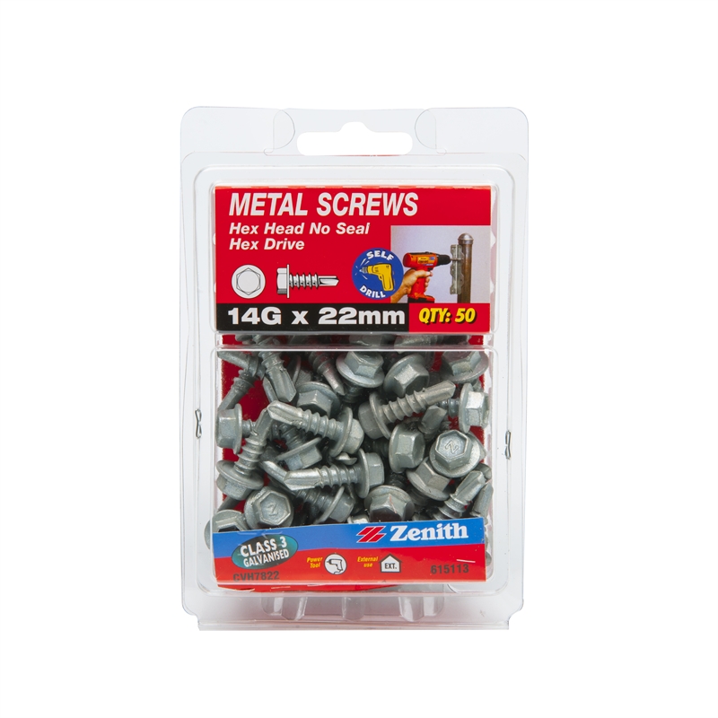 Zenith 14G x 22mm Galvanised Hex Head Metal Screws 50 Pack I/N