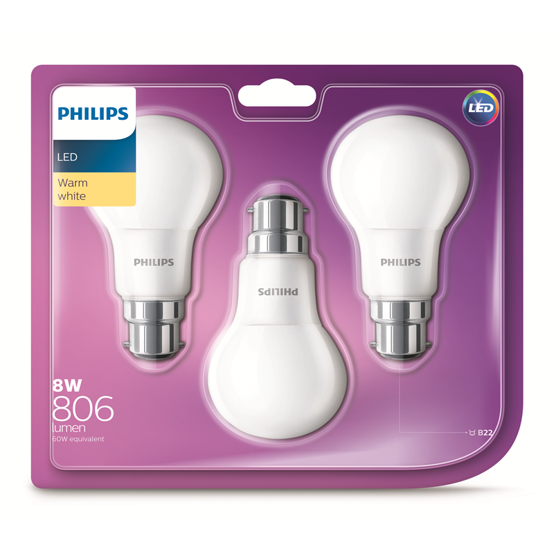 Philips 8W 806lm A Shape BC LED Globe - 3 Pack | Bunnings Warehouse