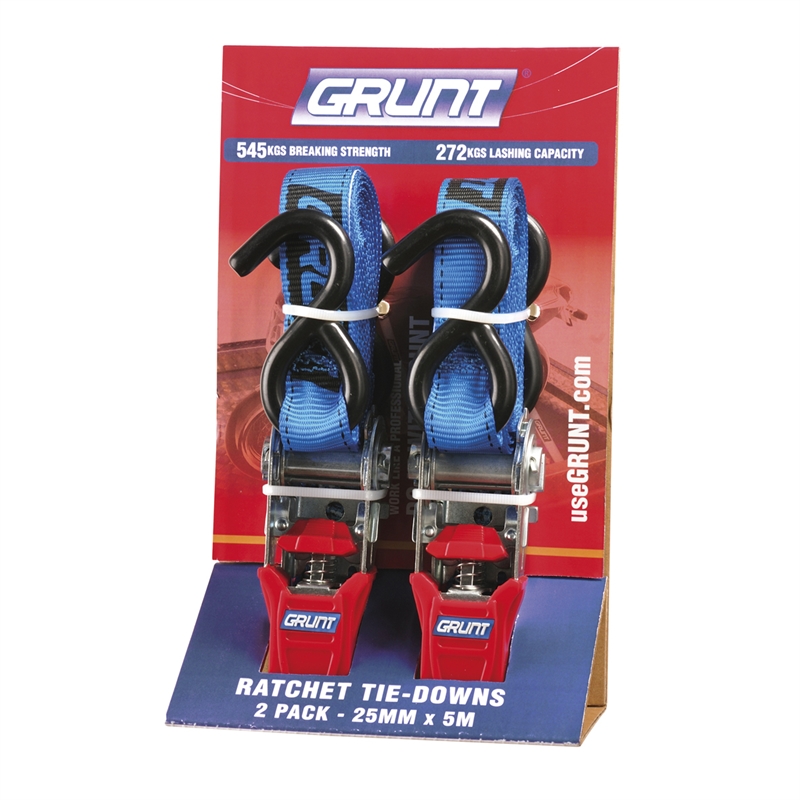 Grunt 25mm x 5m Ratchet Tie Down Straps 2 Pack I/N 4310161 Bunnings