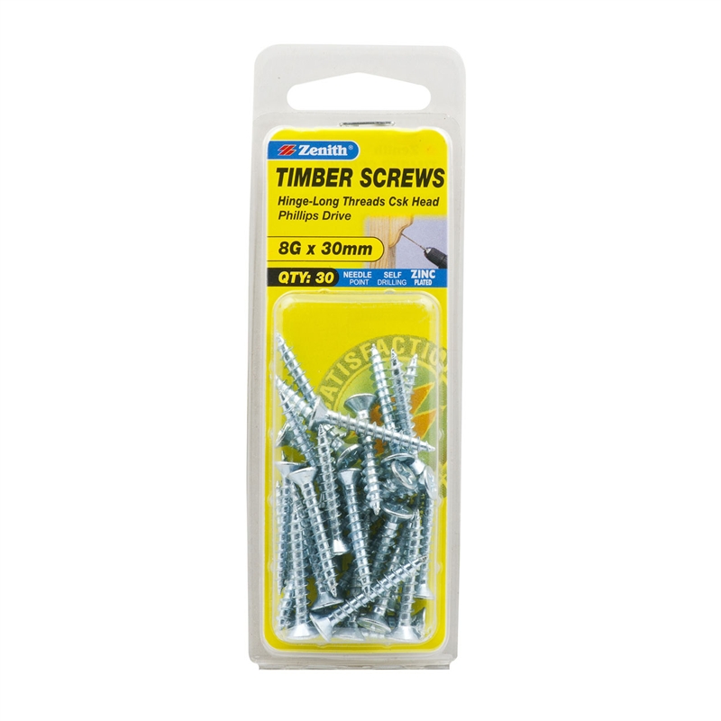 Zenith 8g X 30mm Zinc Plated Long Thread Timber Screws - 30 Pack