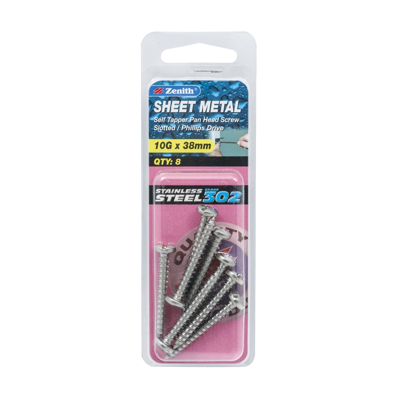 Zenith 10g x 38mm Stainless Steel Self Tapper Pan Head Screws 8 Pack