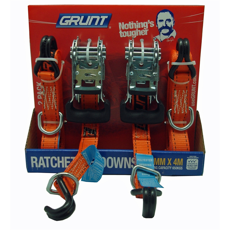 Grunt 25mm x 4m Ratchet Tie Down Straps 2 Pack I/N 4310423 Bunnings