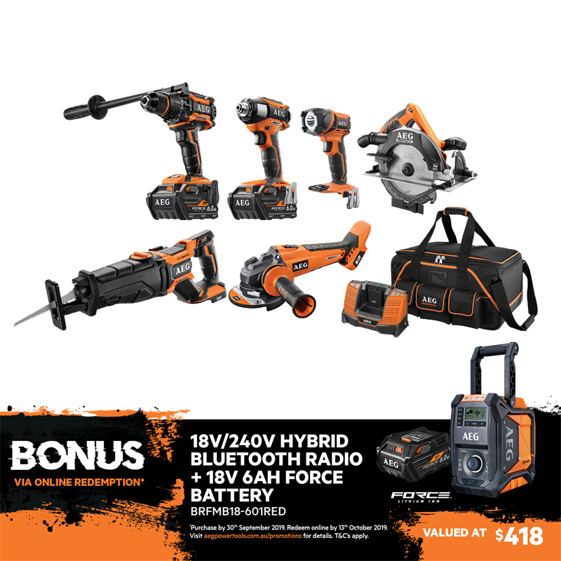 AEG 18V 6.0Ah 6 Piece Brushless Heavy Duty Combo Kit With FUSION And FORCE