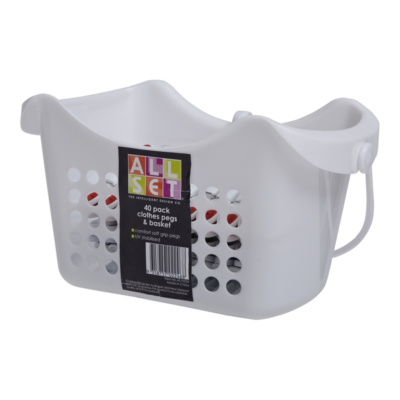 All Set UV Stabilised Clothes Pegs And White Basket Set 40 Pack I/N