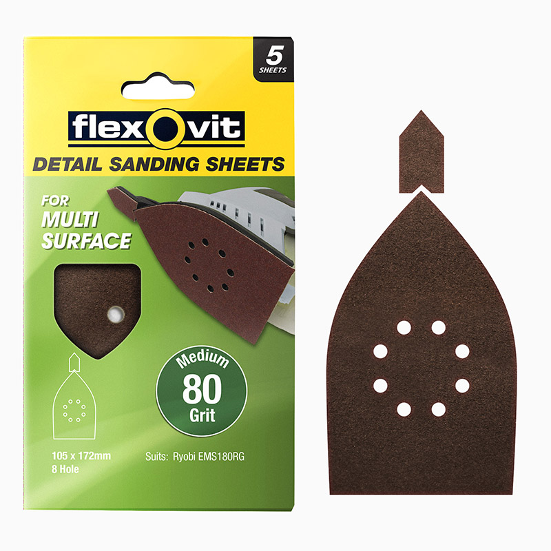 Flexovit 107 x 172mm 80 Grit 8 Hole All Surface Detail Sanding Sheet
