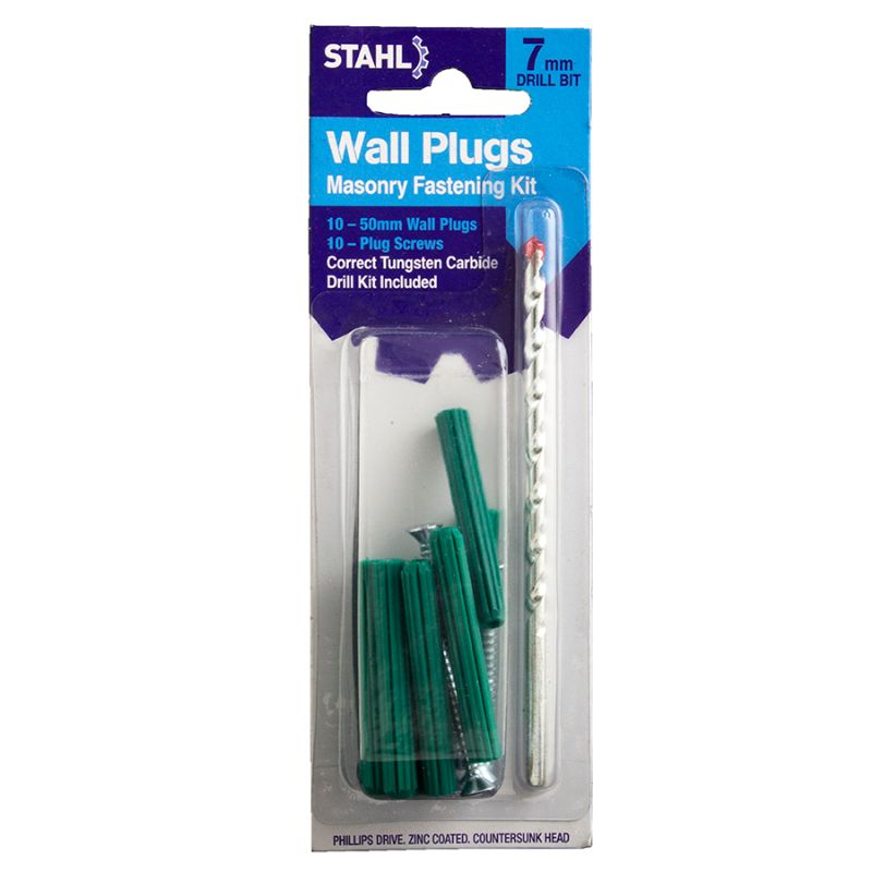 Stahl 7mm Drill Bit With 50mm Wall Plugs Masonry Fastening Kit
